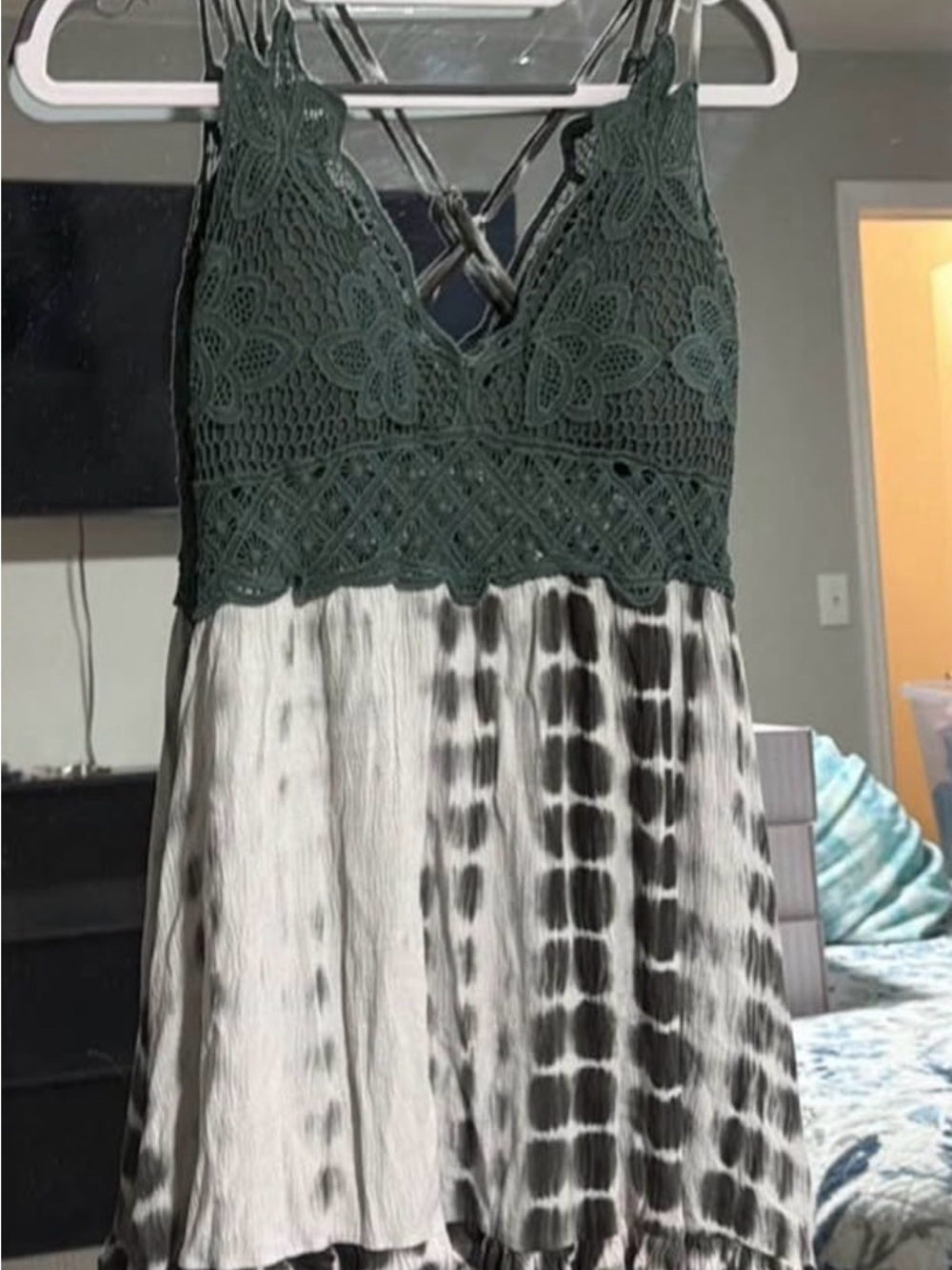 Boho Crochet Bodice Tie-Dye Camisole Dress - Dark Green